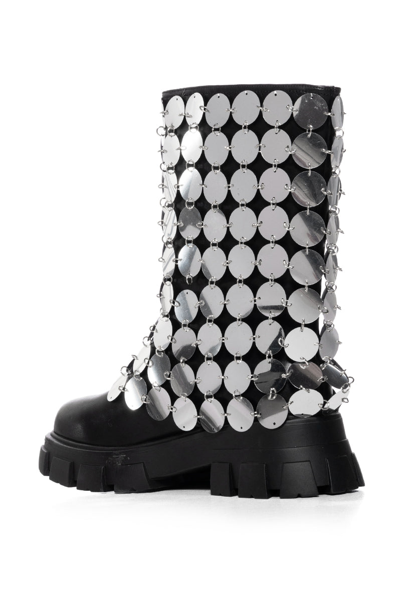 AZALEA WANG QUINNIE SILVER DISC EMBELLISHED BOOT IN BLACK