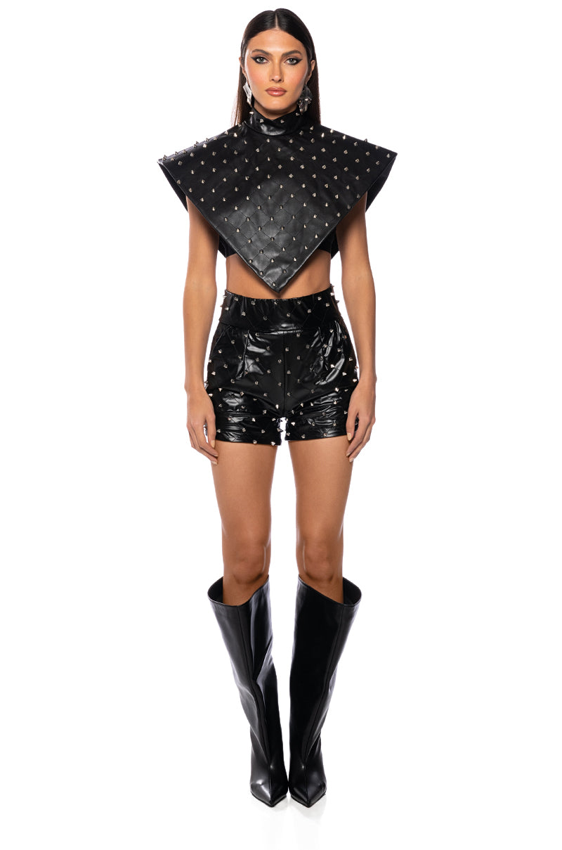 ARIA FAUX LEATHER STUD MOCK NECK TRIANGLE BLOUSE