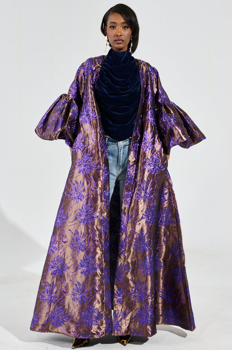 MALDIVES BROCADE PUFF SLEEVE DUSTER IN PURPLE