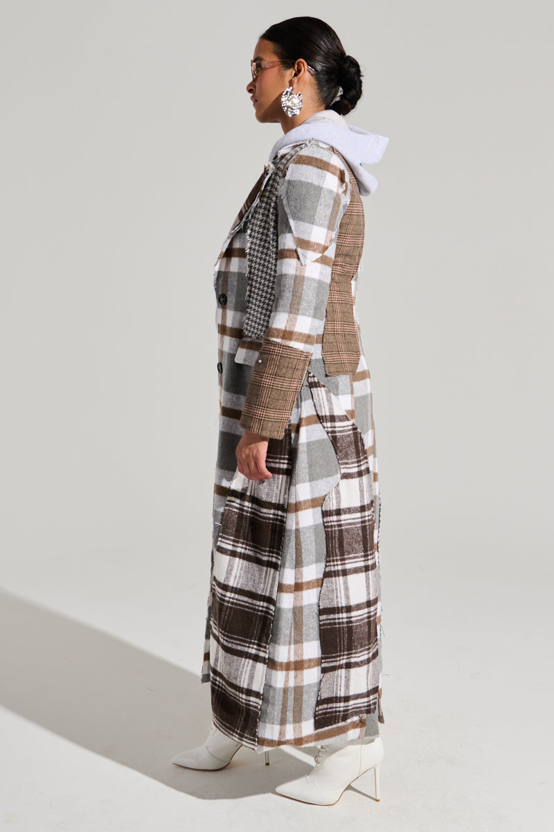 MIXED PLAID NOT FEELINGS PATCHWORK TRENCH