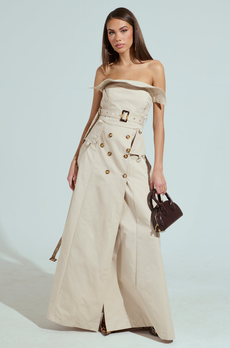 STRAPLESS TRENCH MAXI DRESS