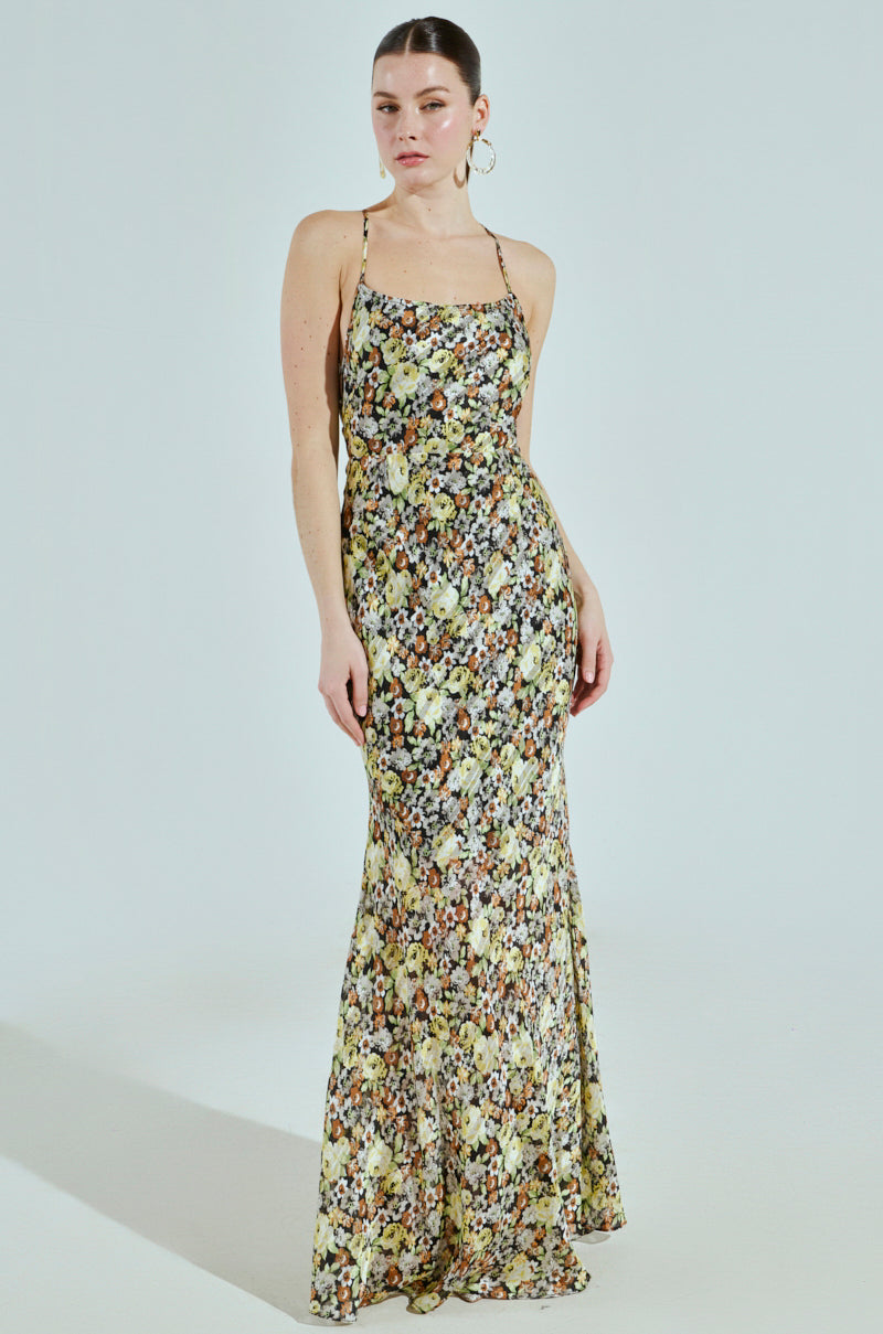 ZANIYA FLORAL SATIN MAXI DRESS