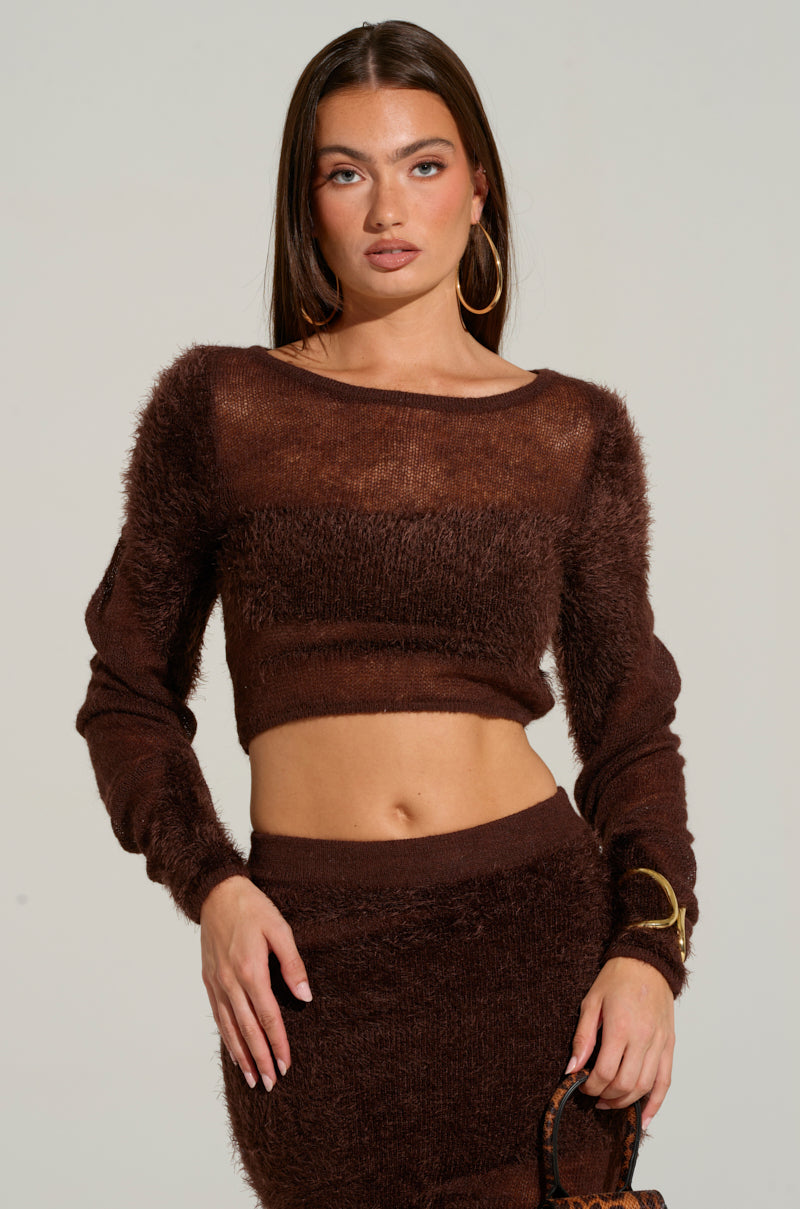 TIME FLIES CROP SWEATER IN BROWN