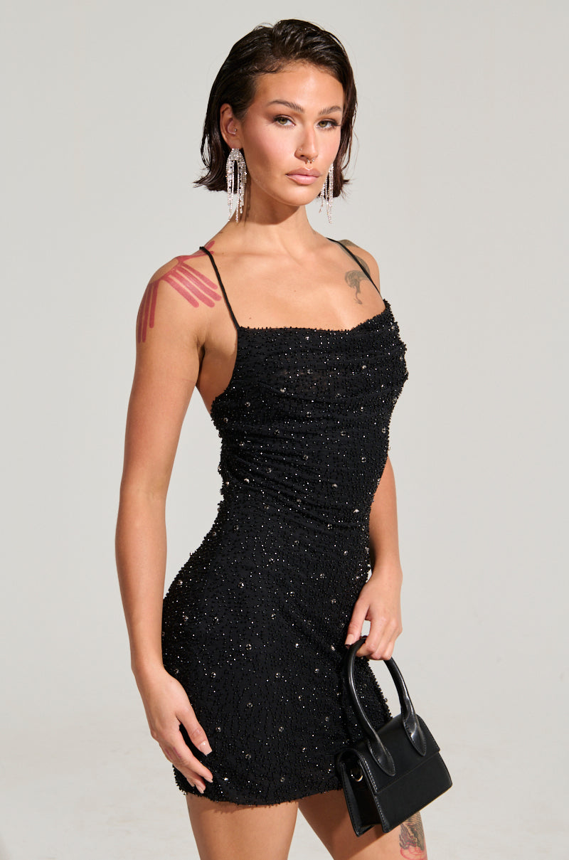 A NIGHT TO REMEMBER SLINKY RHINESTONE MINI DRESS IN BLACK