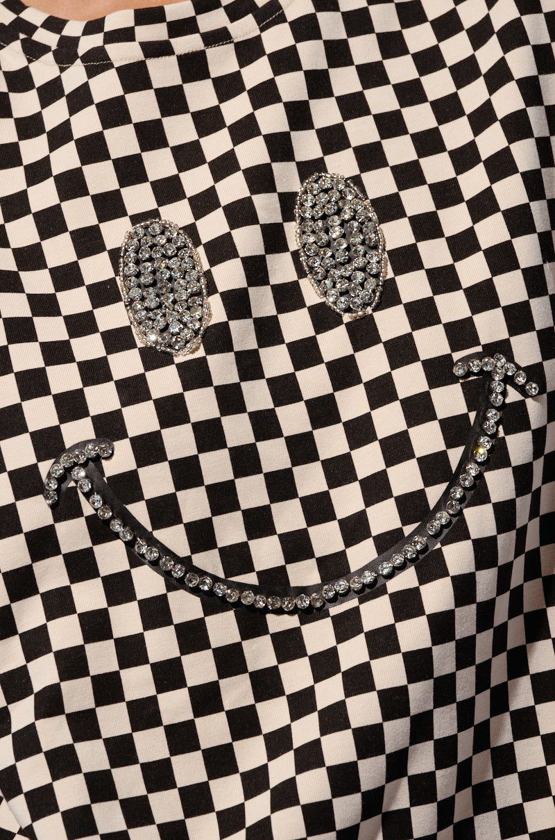 RHINESTONE SMILEY FACE OVERSIZED CHECKERED TSHIRT