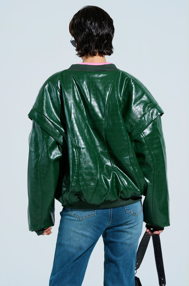 YOKON EMBOSSED FAUX LEATHER BOMBER