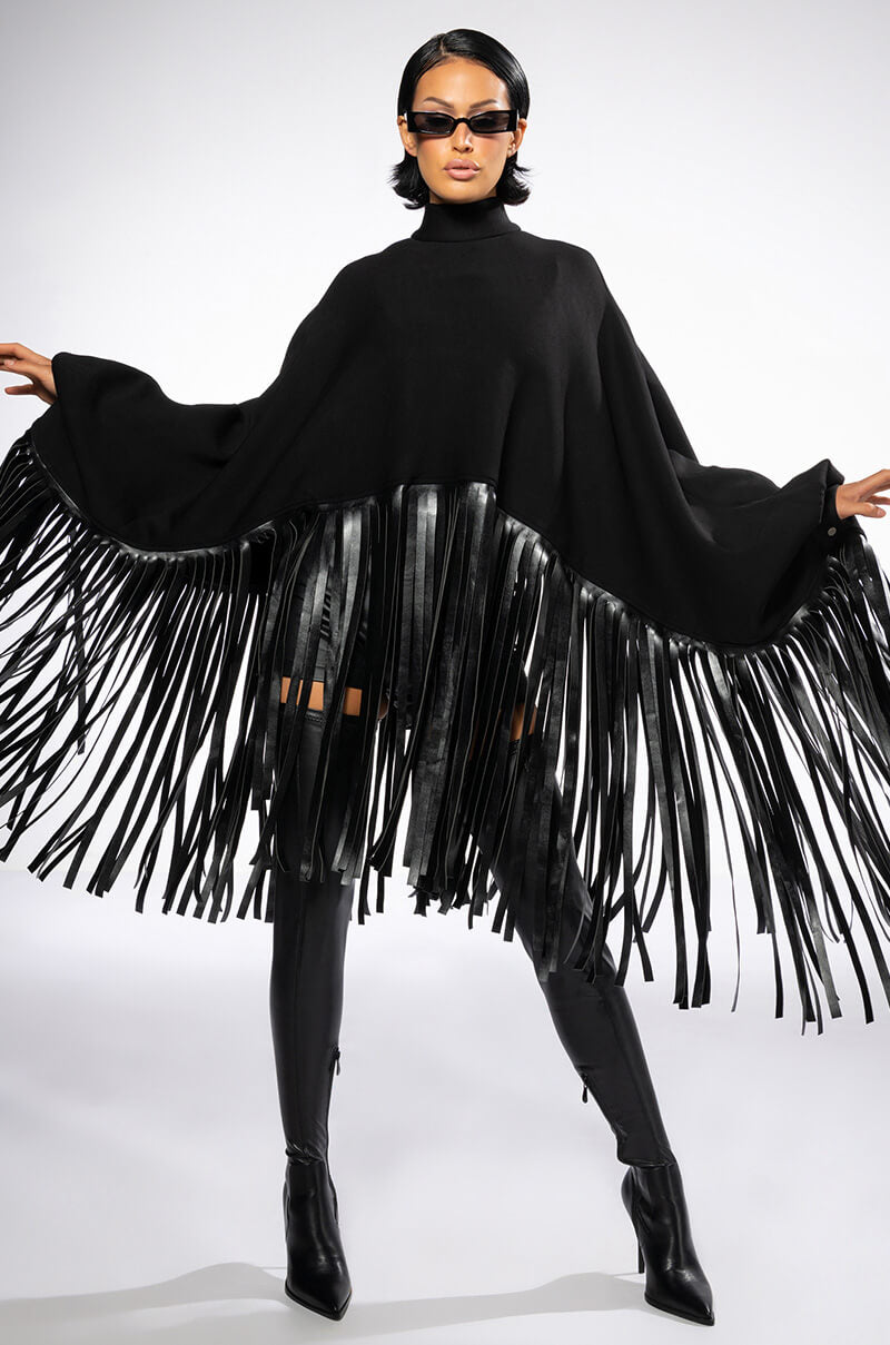 CITY GIRL FAUX LEATHER FRINGE SWEATSHIRT IN BLACK