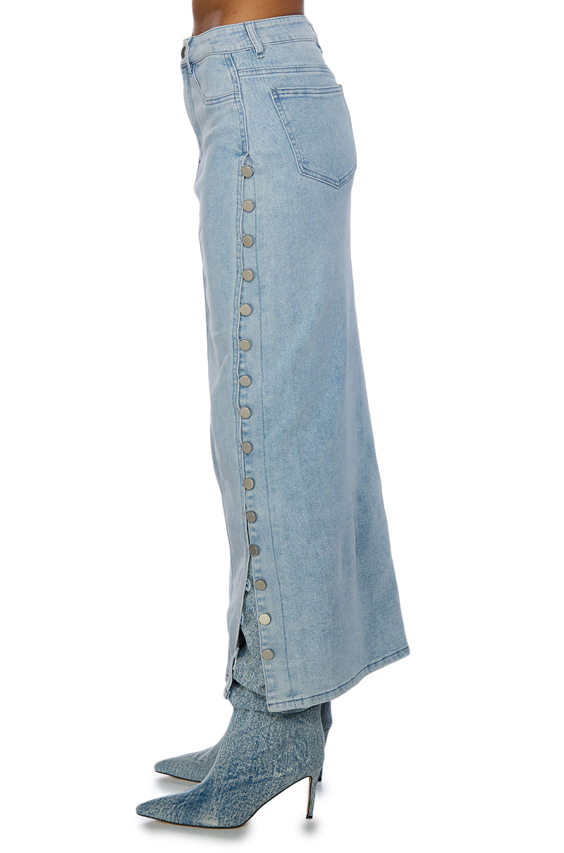 BRITNEY SIDE BUTTON DOWN DENIM MAXI SKIRT