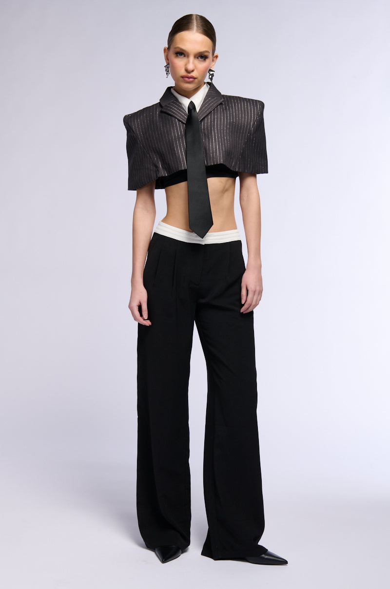 BEST IN BUSINESS PINSTRIPE CROP TIE TOP