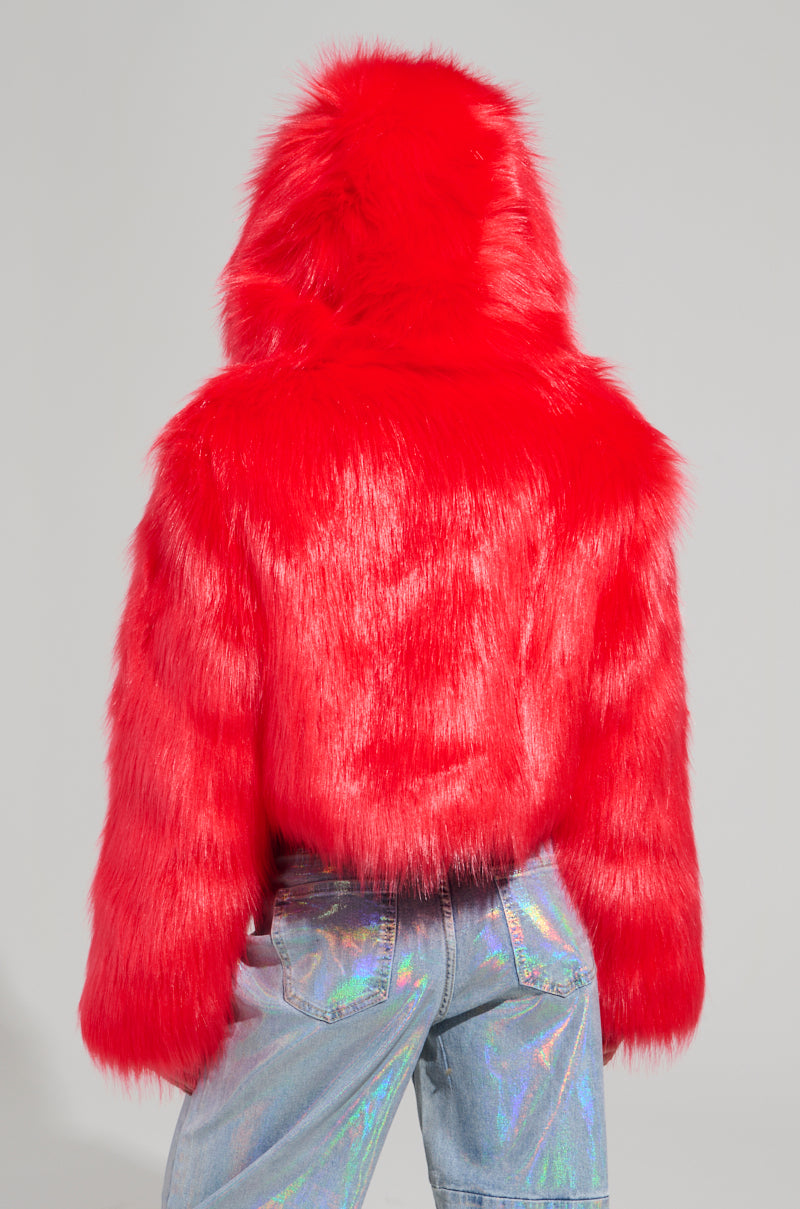 MAEVE HOODED RED FAUX FUR BOMBER