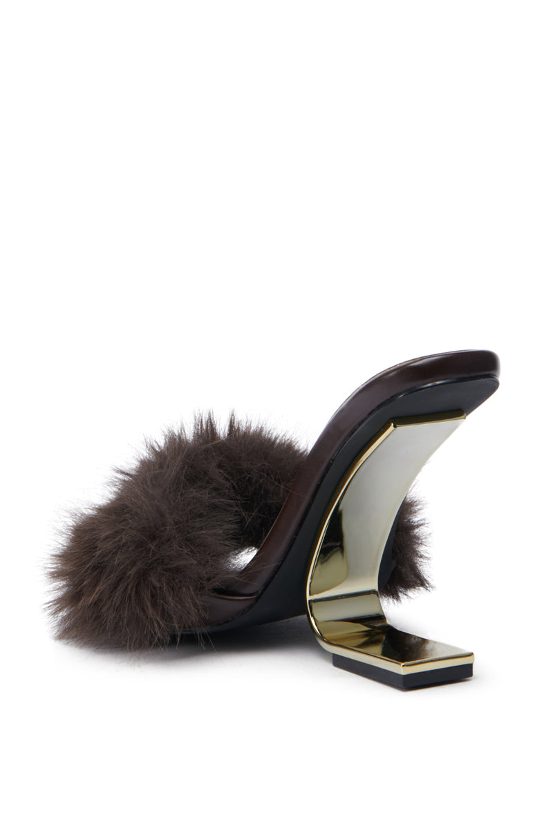 AZALEA WANG PUPON BROWN FUR SANDAL WITH WEDGE HEEL