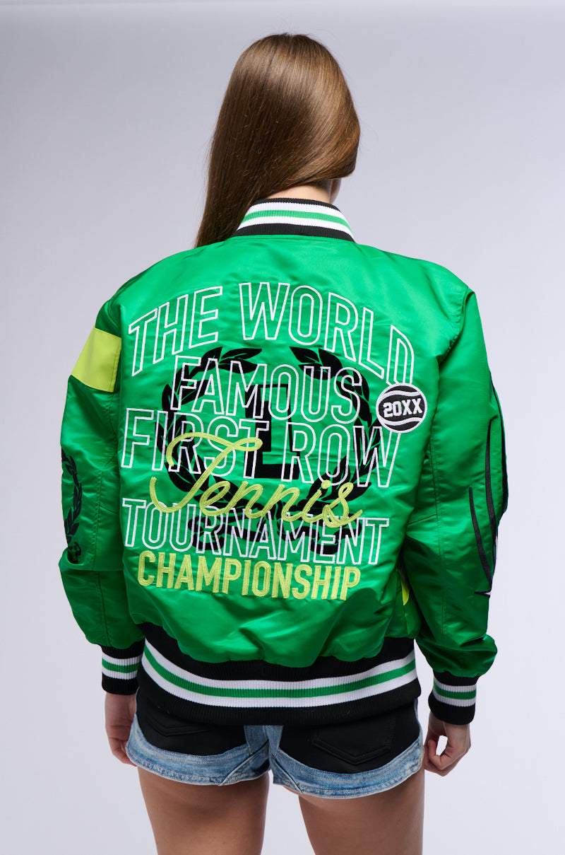 FIRST ROW SEAT COLOR BLOCK BOMBER JACKET IN GREEN