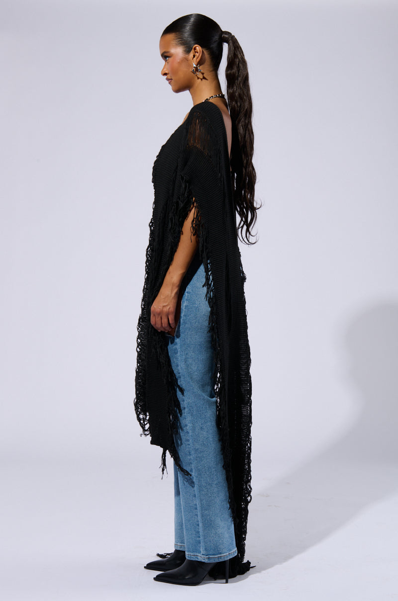 GOOD VIBES DISTRESSED PONCHO IN BLACK