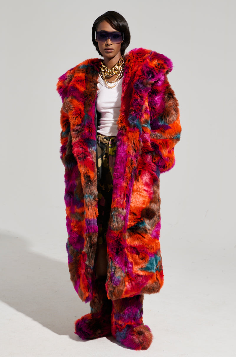 UPSETTER MAXI FAUX FUR COAT IN PINK MULTI