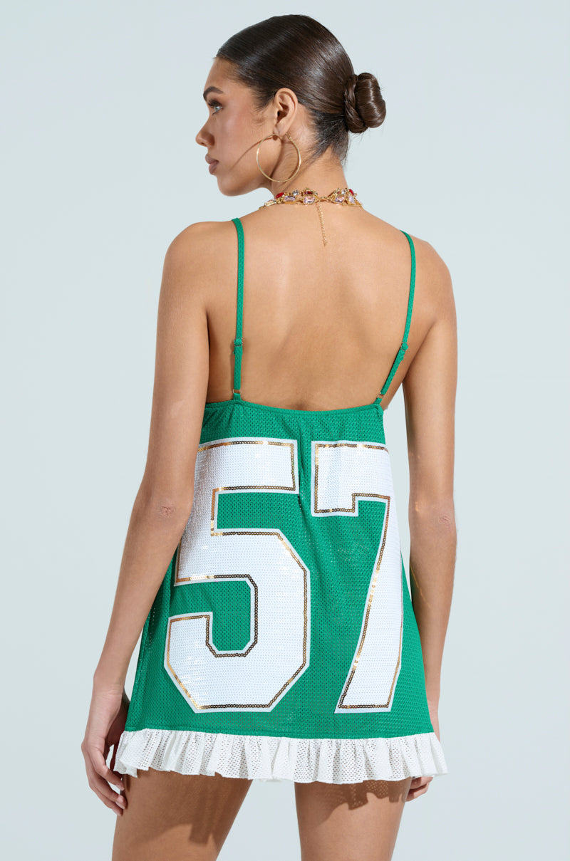 TOUCHDOWN SEQUIN JERSEY DRESS IN GREEN