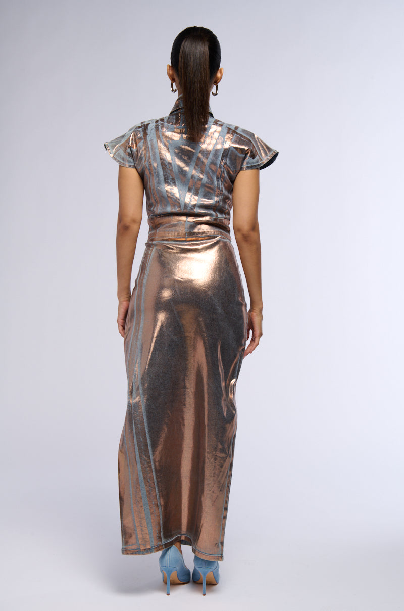 NEVER TOO MUCH DENIM METALLIC MAXI DRESS