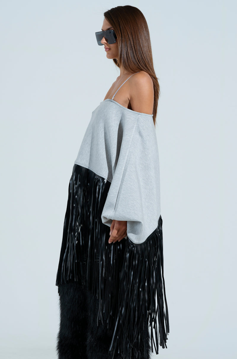 CITY GIRL FAUX LEATHER FRINGE SWEATSHIRT