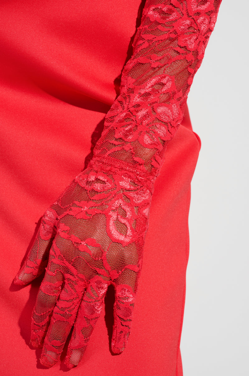 ALL THE ATTENTION LACE GLOVE BODYSUIT IN RED