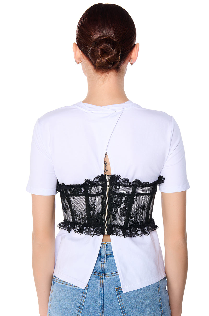 GOT ME TWISTED T-SHIRT WITH CORSET DETAIL IN WHITE