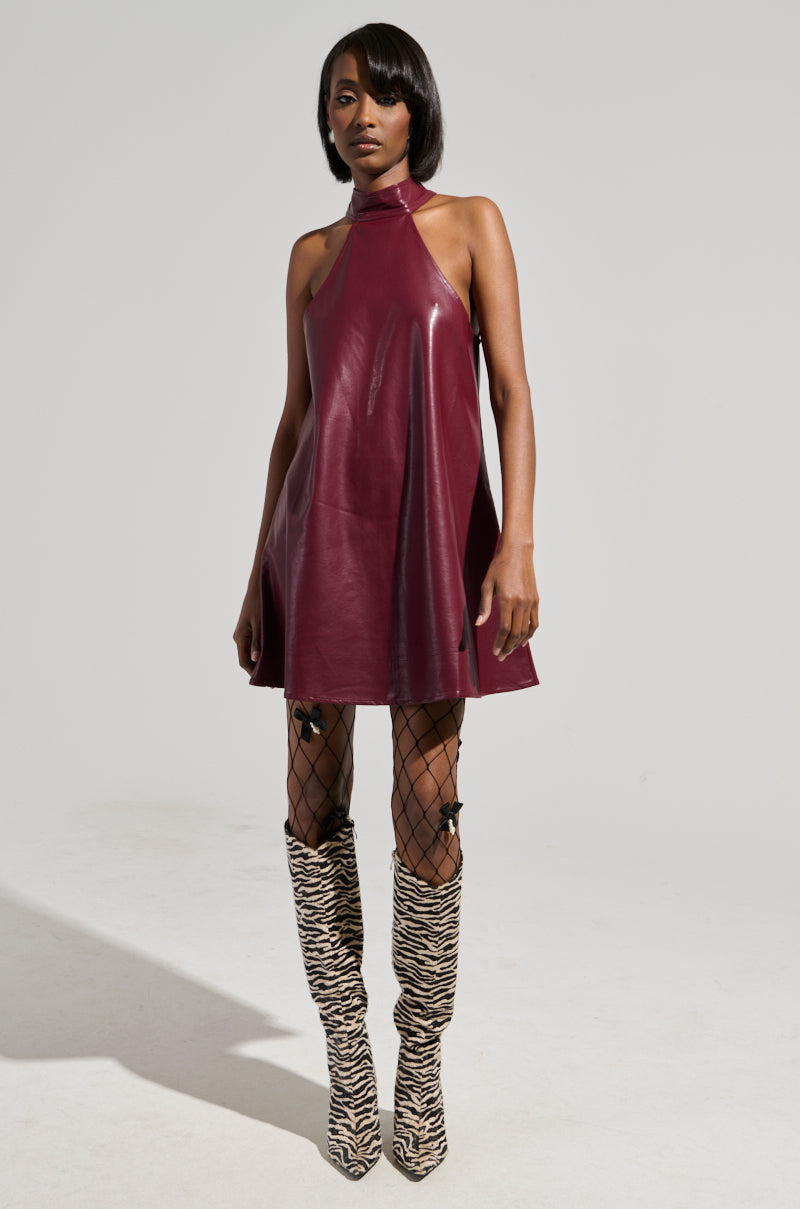 TAKE IT EASY PU MINI DRESS IN BURGUNDY