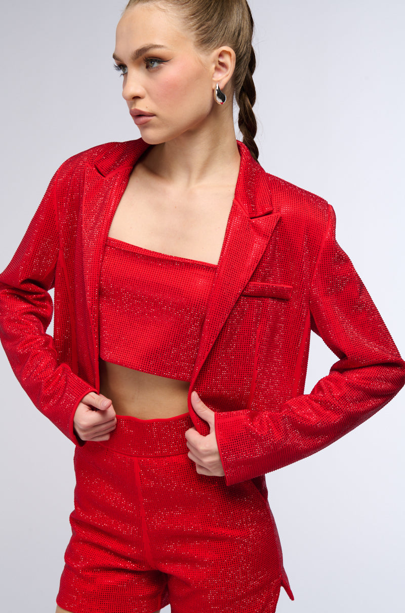 POP STAR HOT FIX RHINESTONE CROPPED BLAZER IN RED