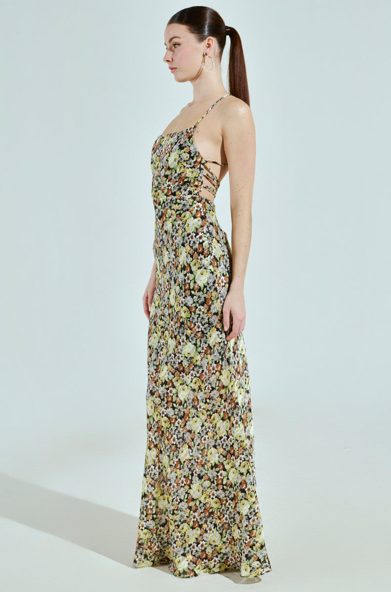 ZANIYA FLORAL SATIN MAXI DRESS