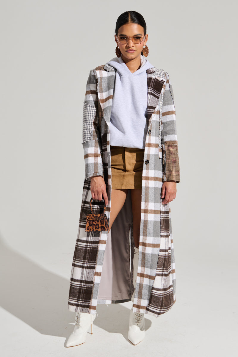 MIXED PLAID NOT FEELINGS PATCHWORK TRENCH