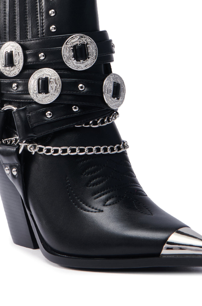 AZALEA WANG RIGGINS BLACK SILVER HARDWARE EMBELLISHED WESTERN BOOTIE