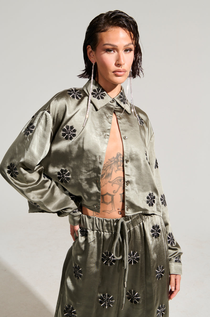 SUNSET DREAMS SATIN BUTTON DOWN TOP IN SAGE