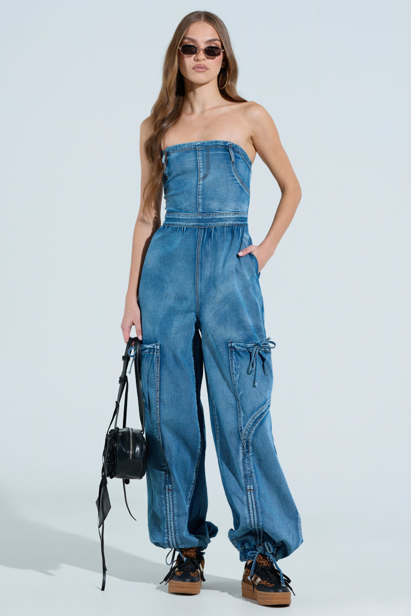 JUMPING AROUND DENIM JUMPSUIT