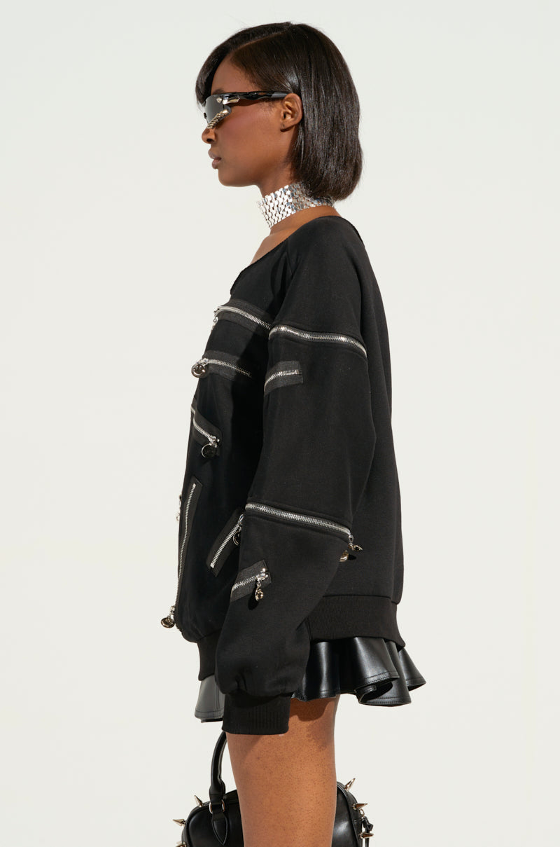 ZIP ME UP OFF THE SHOULDER SWEATSHIRT