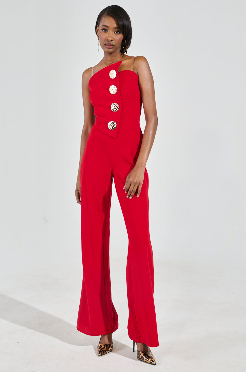 BADDIE STRAPLESS JUMPSUIT WITH GOLD BUTTONS