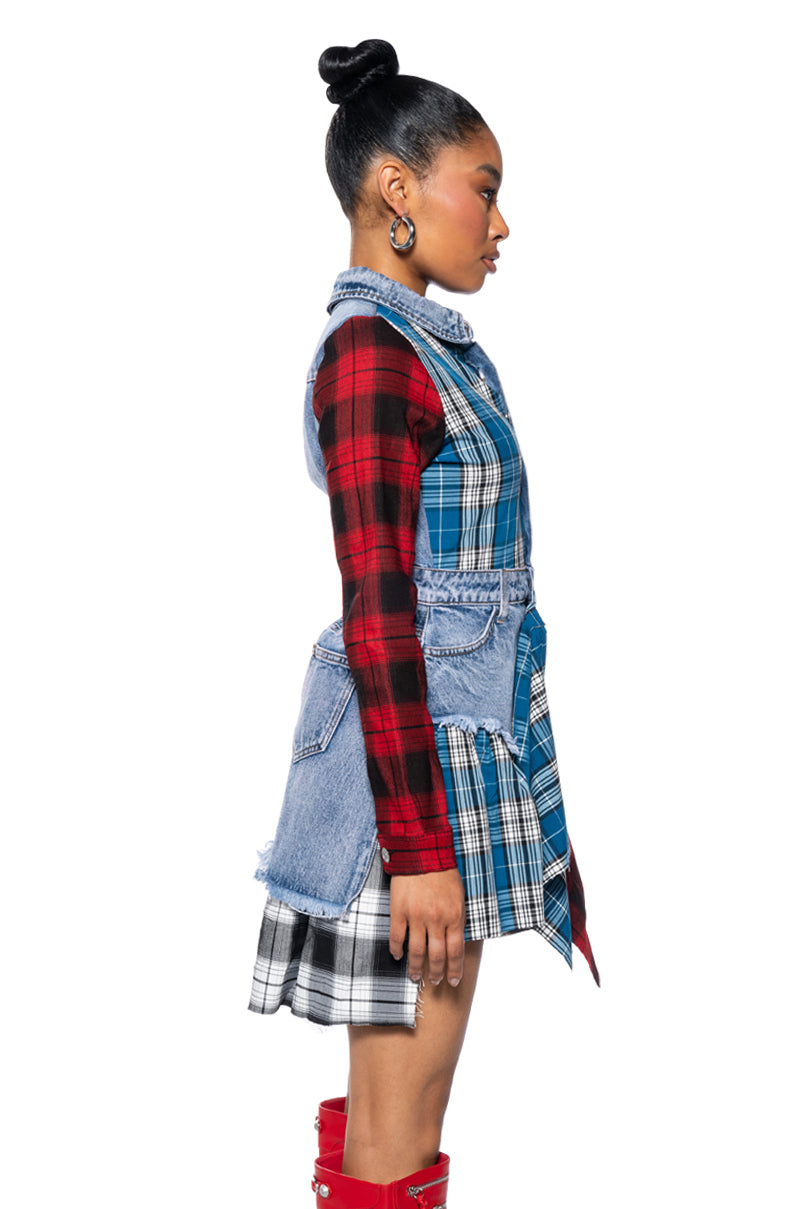 PATCHWORK PLAID DENIM MINI DRESS