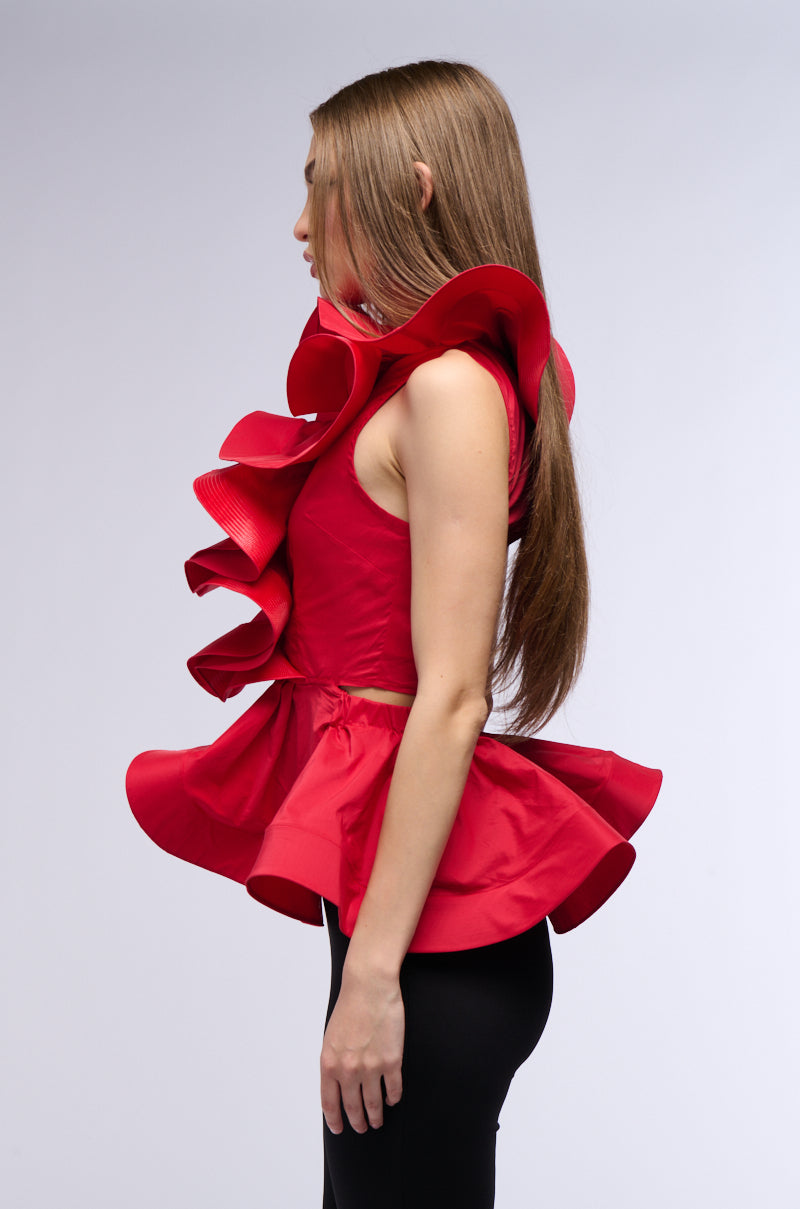 MISS FASHIONISTA SLEEVELESS RUFFLE PEPLUM BLOUSE IN RED