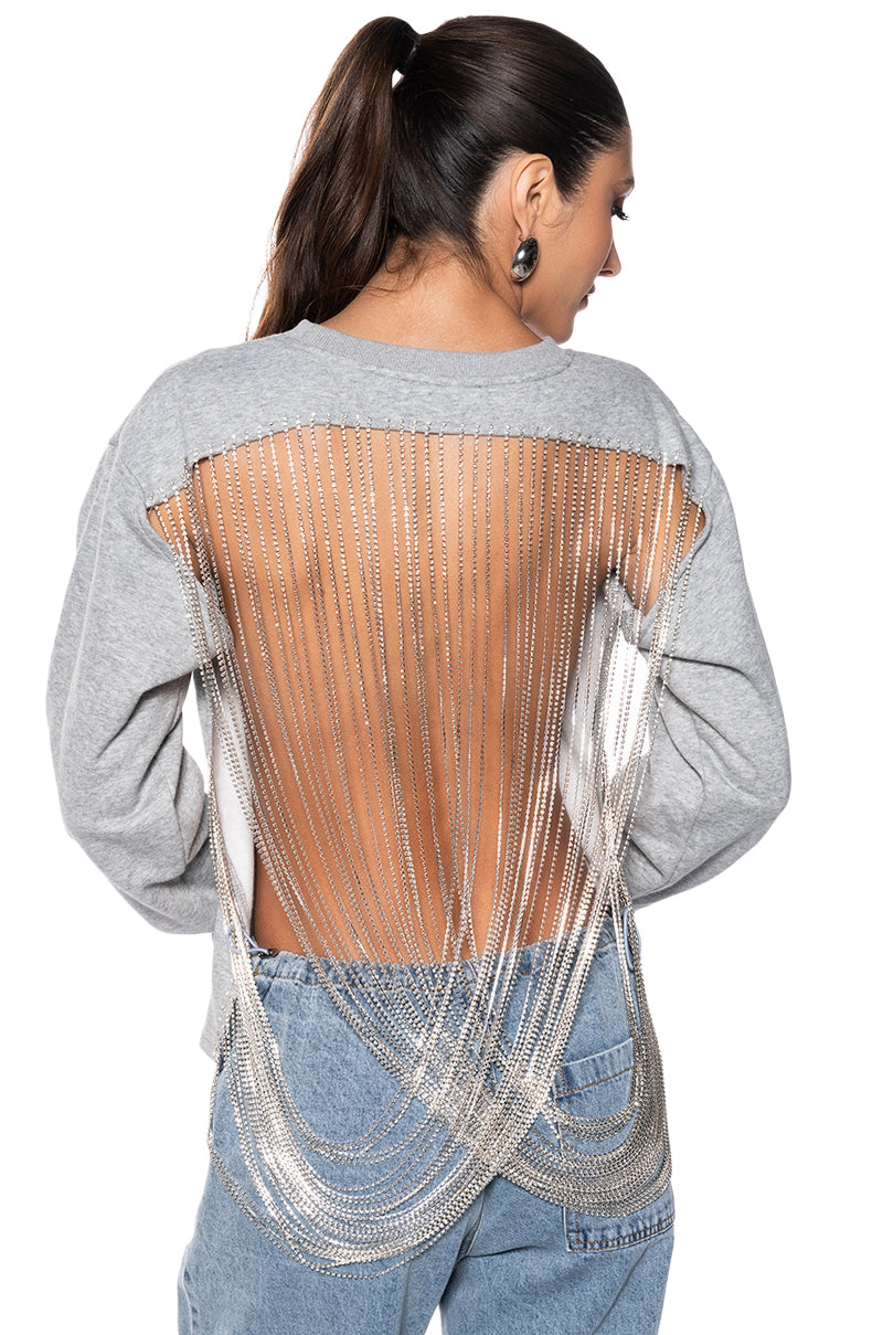 CHAINED TO THE RHYTHM REVERSIBLE LONGSLEEVE RHINESTONE CHAIN TOP