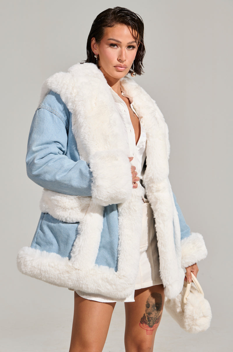 SITTING PRETTY FUR TRIM DENIM COAT