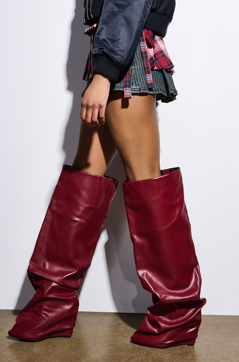 AZALEA WANG TEUILA BURGUNDY WEDGE RUCHED BOOT