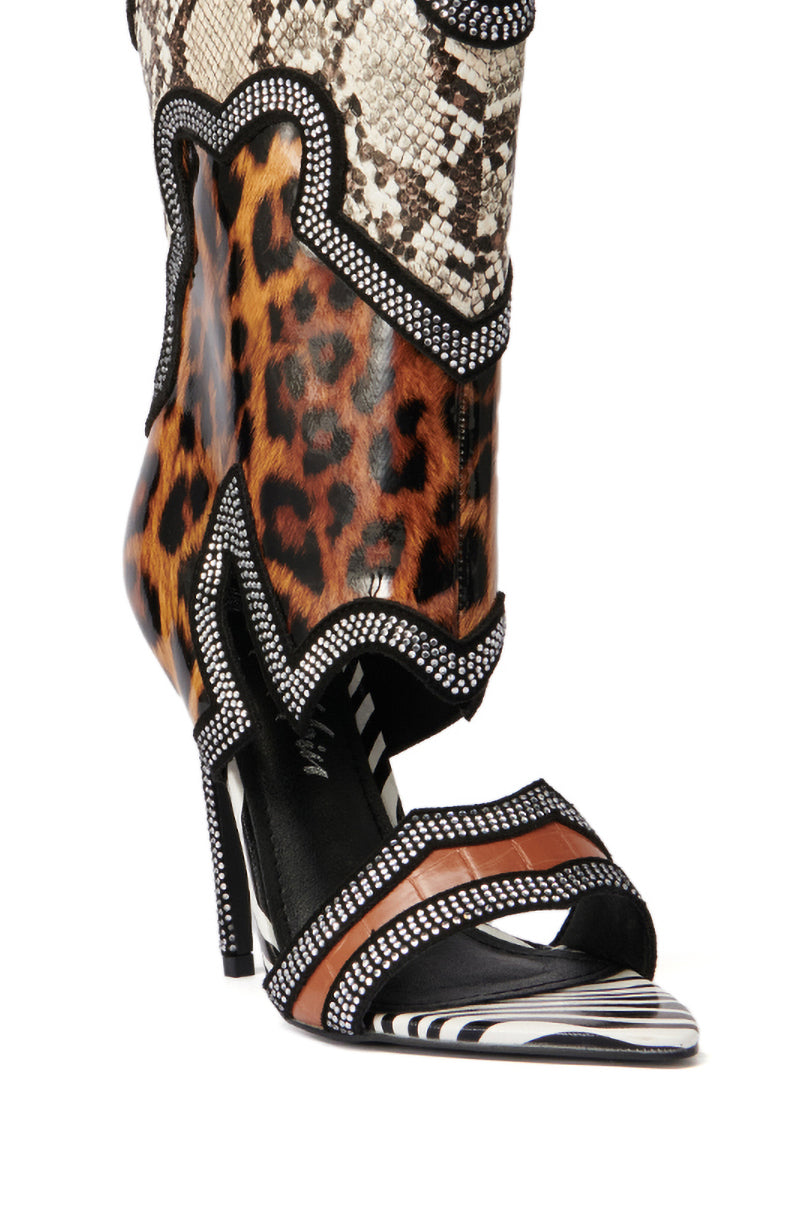 NAYAYE ANIMAL PRINT WESTERN OPEN TOE STILETTO BOOTIE