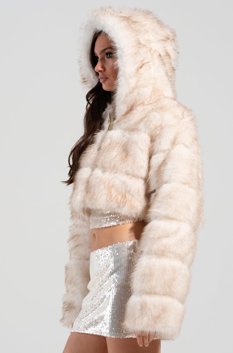 TOASTED MARSHMALLOW HOODED FAUX FUR JACKET