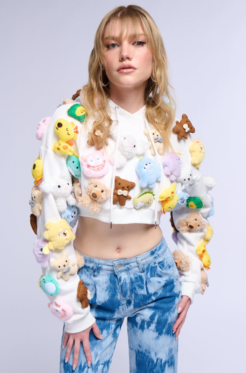 TEDDY BEAR GIRL CROPPED APPLIQUE SWEATSHIRT
