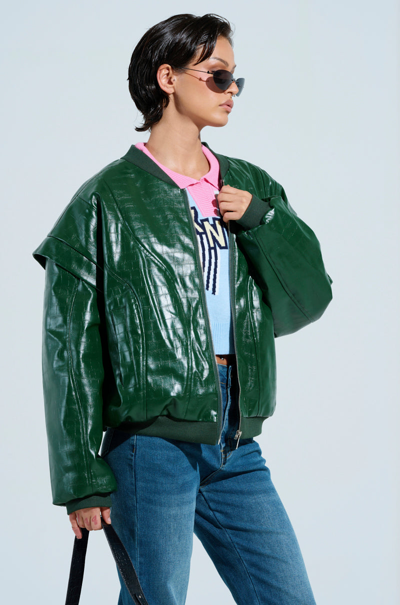 YOKON EMBOSSED FAUX LEATHER BOMBER