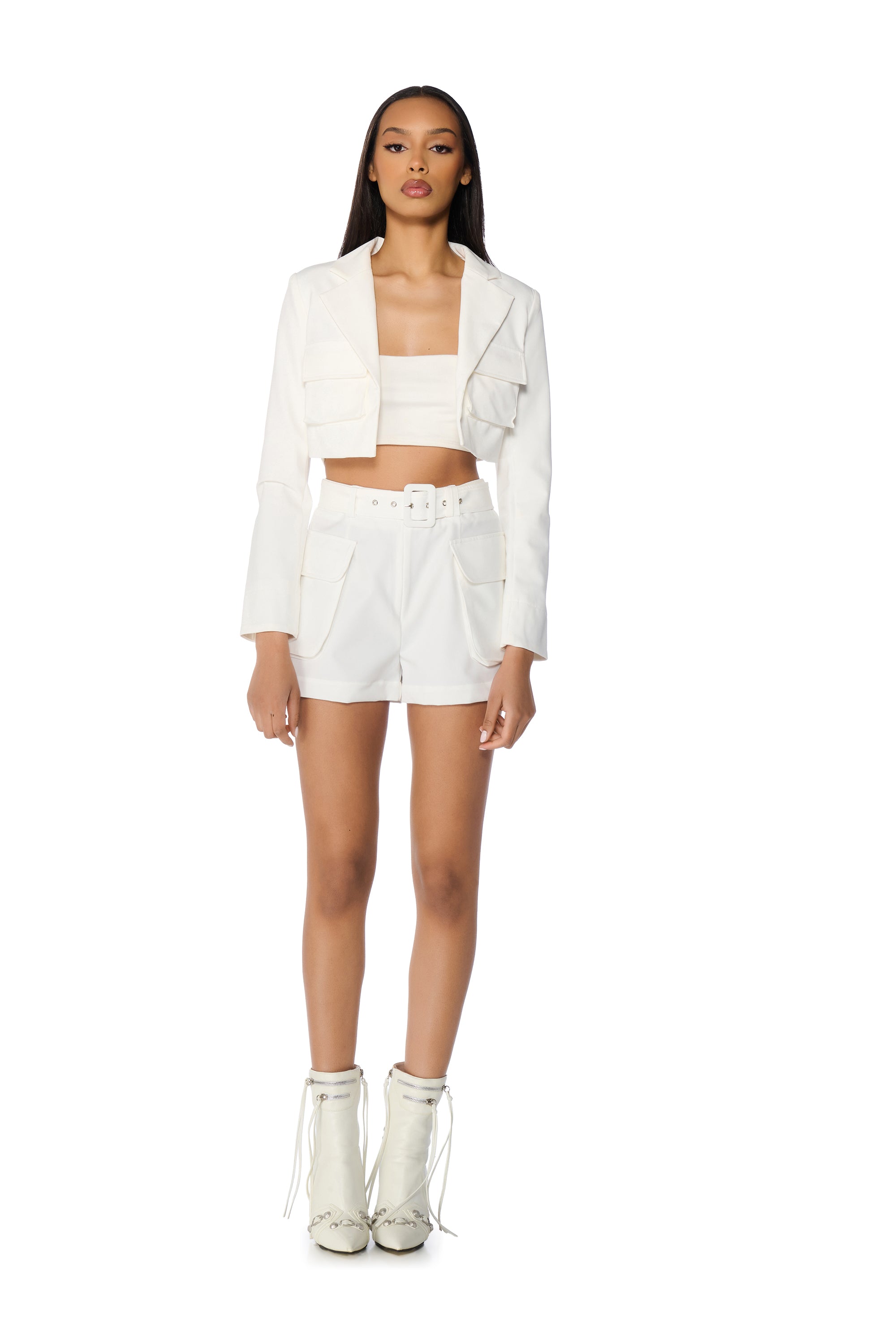 BETTER LUCK UTILITY POCKET SHORTS IN WHITE