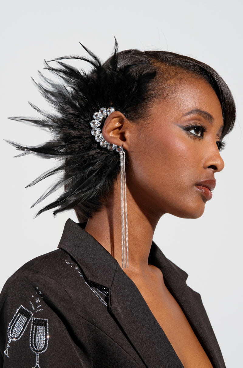 GLAM BIRD BLACK FEATHER EAR CUFF IN BLACK SILVER