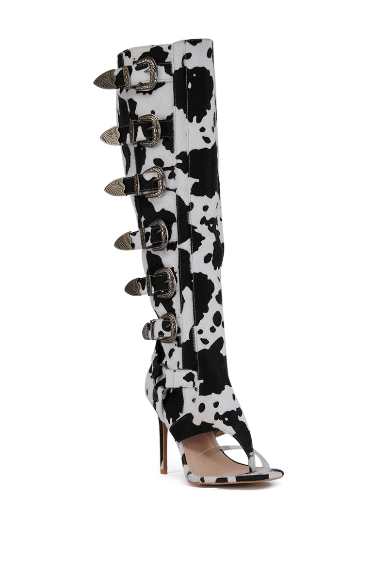 ELARAH COW PRINT FAUX PONY HAIR OPEN TOE SANDAL BOOT