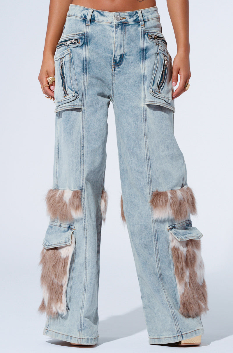 FUR DENIM CARGO PANTS