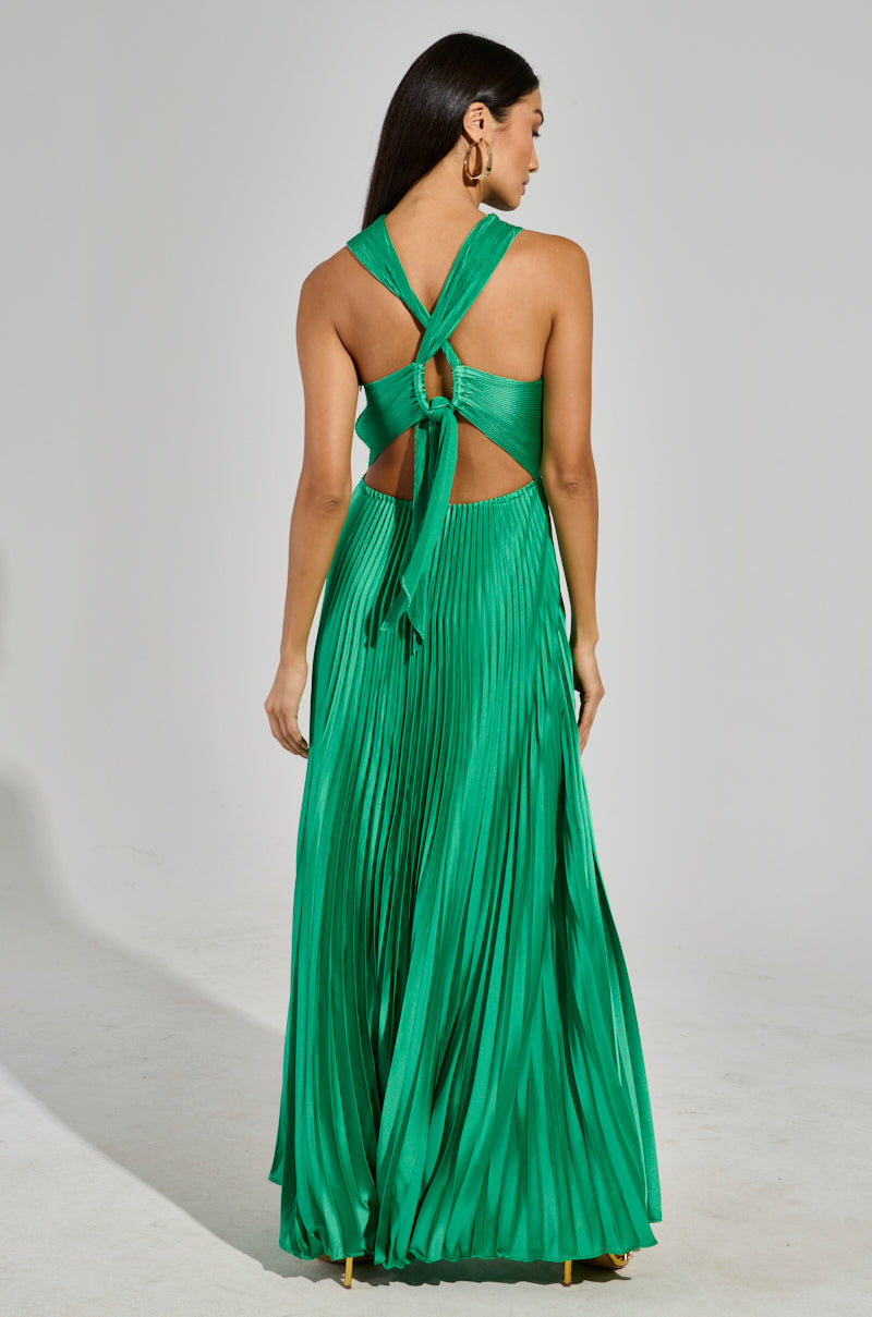 ALWAYS THE GUEST PLEATED MAXI DRESS IN KELLY GREEN