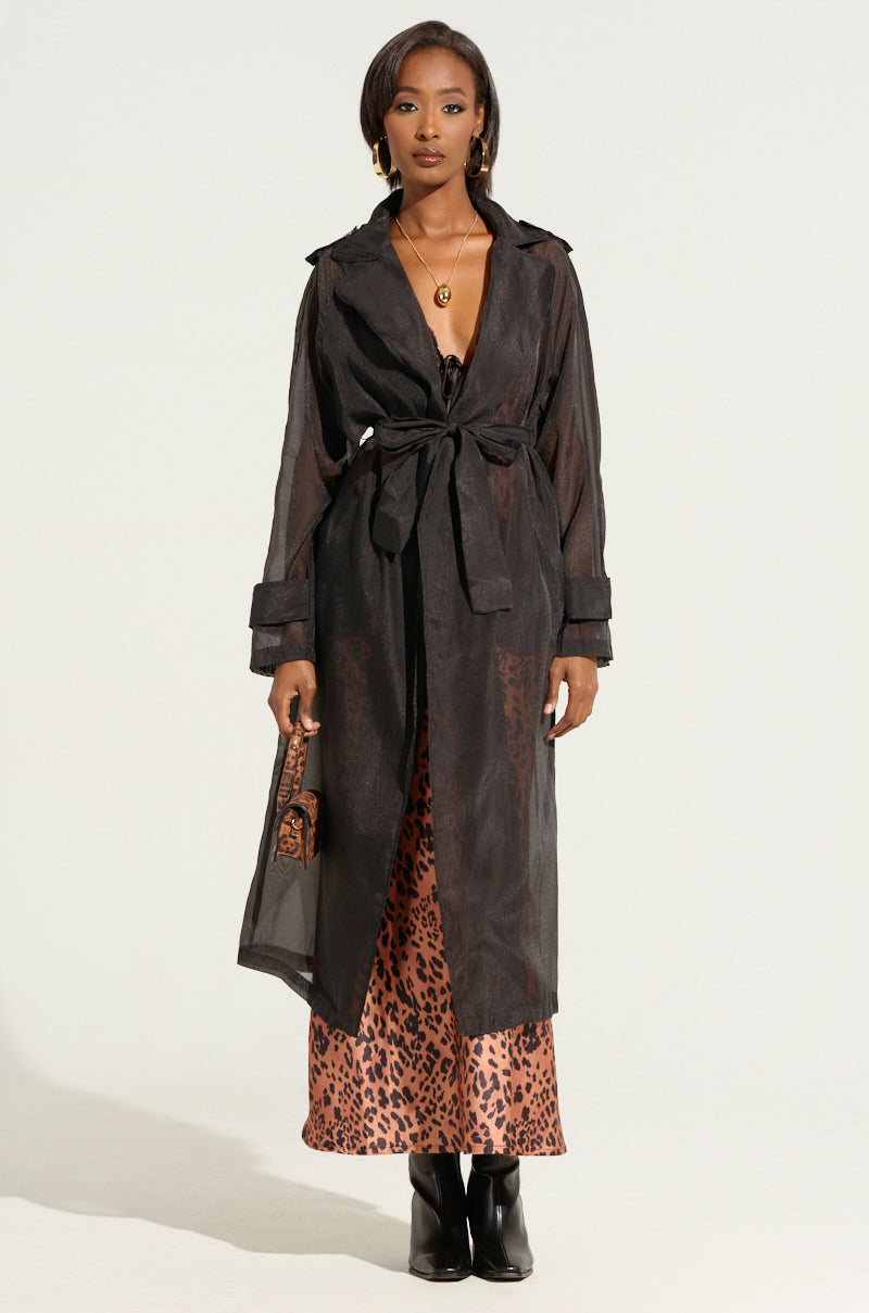 CHIFFON CHATEAU LONG TRENCH IN BLACK