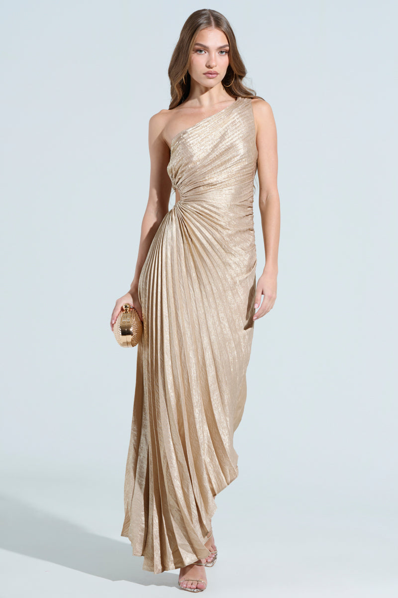 JULIETTE METALLIC PLEATED MIDI DRESS