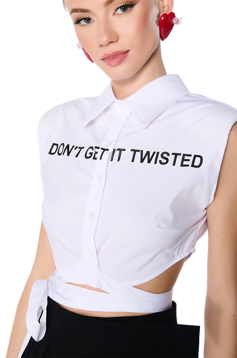 DON'T GET IT TWISTED TIE WAIST COLLARED POPLIN SHIRT