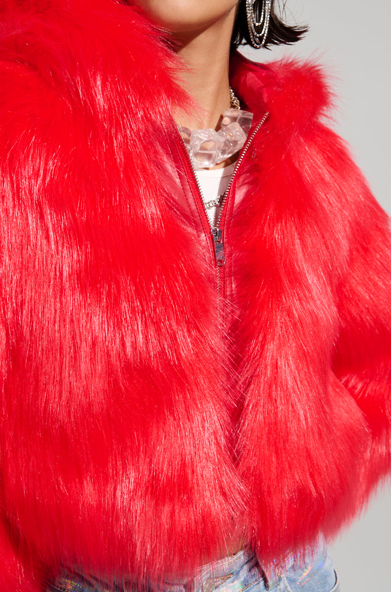 MAEVE HOODED RED FAUX FUR BOMBER